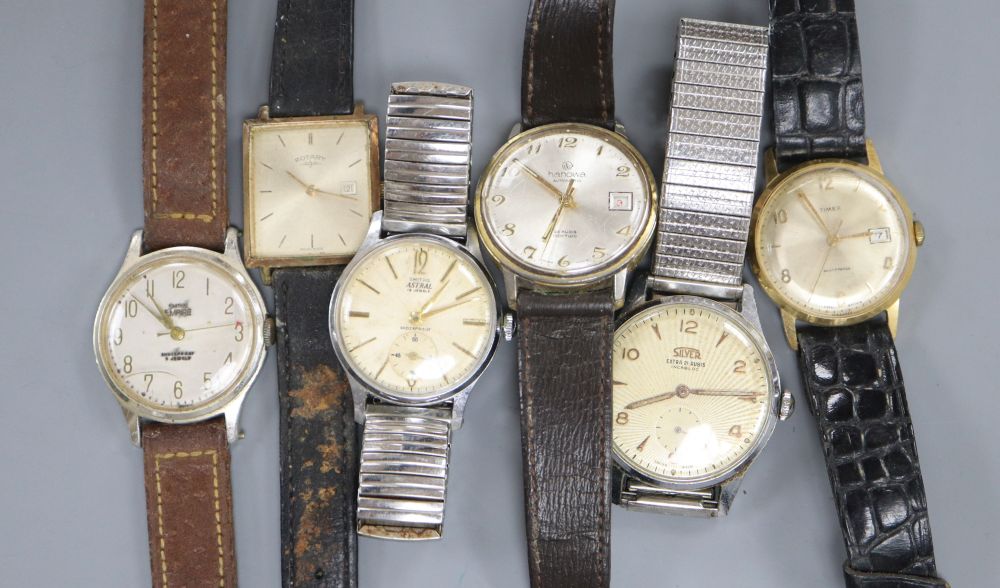 Six assorted gentlemans wrist watches including Timex, Astral, Silver and Rotary.